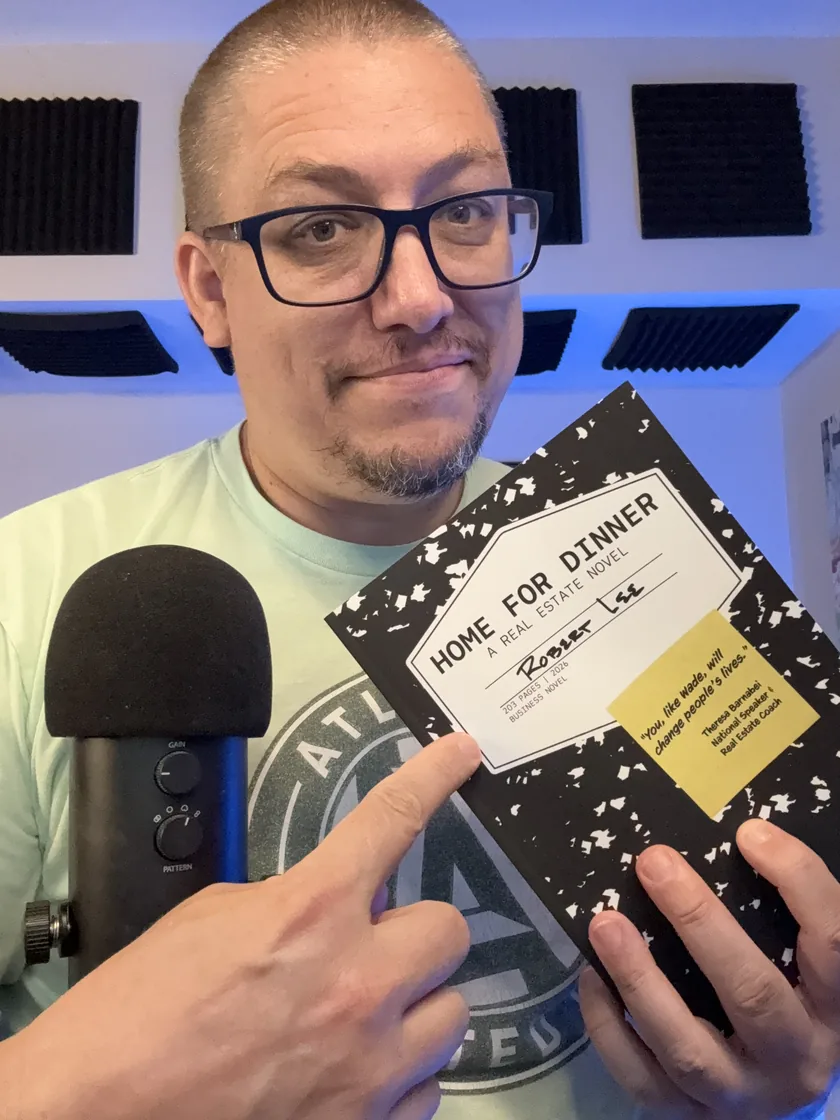 Robert Lee pointing to Theresa Barnabei's quote on the cover of Home for Dinner: &ldquo;You, like Wade, will change people's lives.&rdquo;